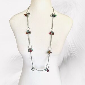 Chico's Red, Green, Purple and Silver Tone Necklace with Glass Beads and Charms